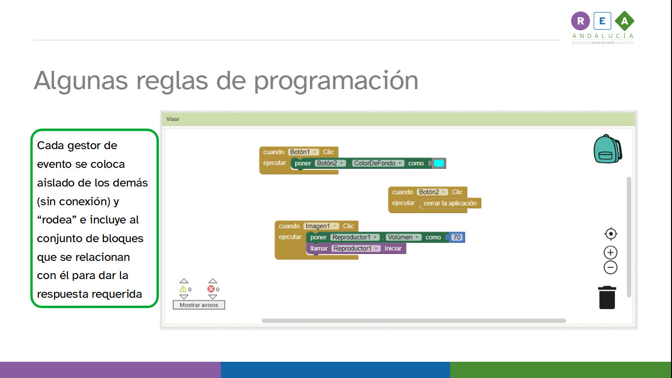 La imagen muestra algunos ejemplos de combinaciones de bloques sobre el visor de App Inventor
