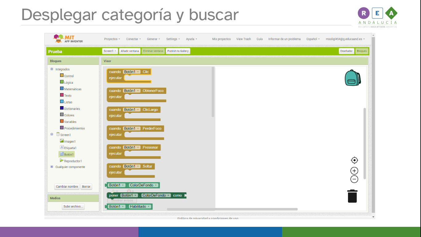 La imagen muestra la interfaz de bloques de App Inventor con la categoría de bloques del componente botón desplegada