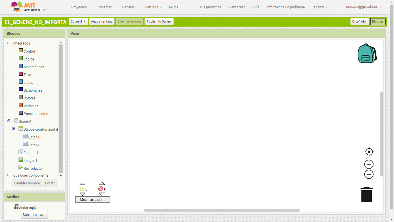 La imagen muestra la interfaz de bloques de App Inventor al completo